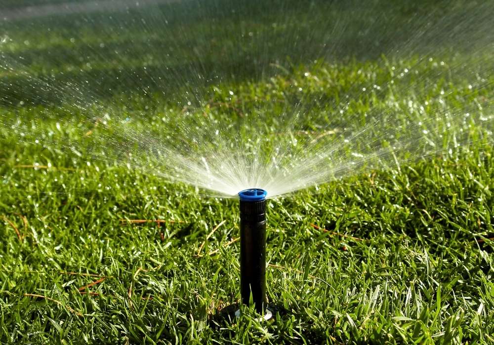 Lawn sprinkler irrigation system watering grass in Grand County, Colorado